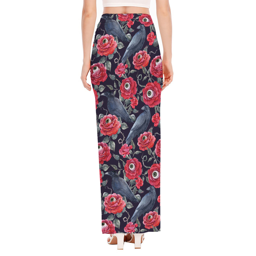 Eyeball Rose Pattern Print High Slit Maxi Skirt