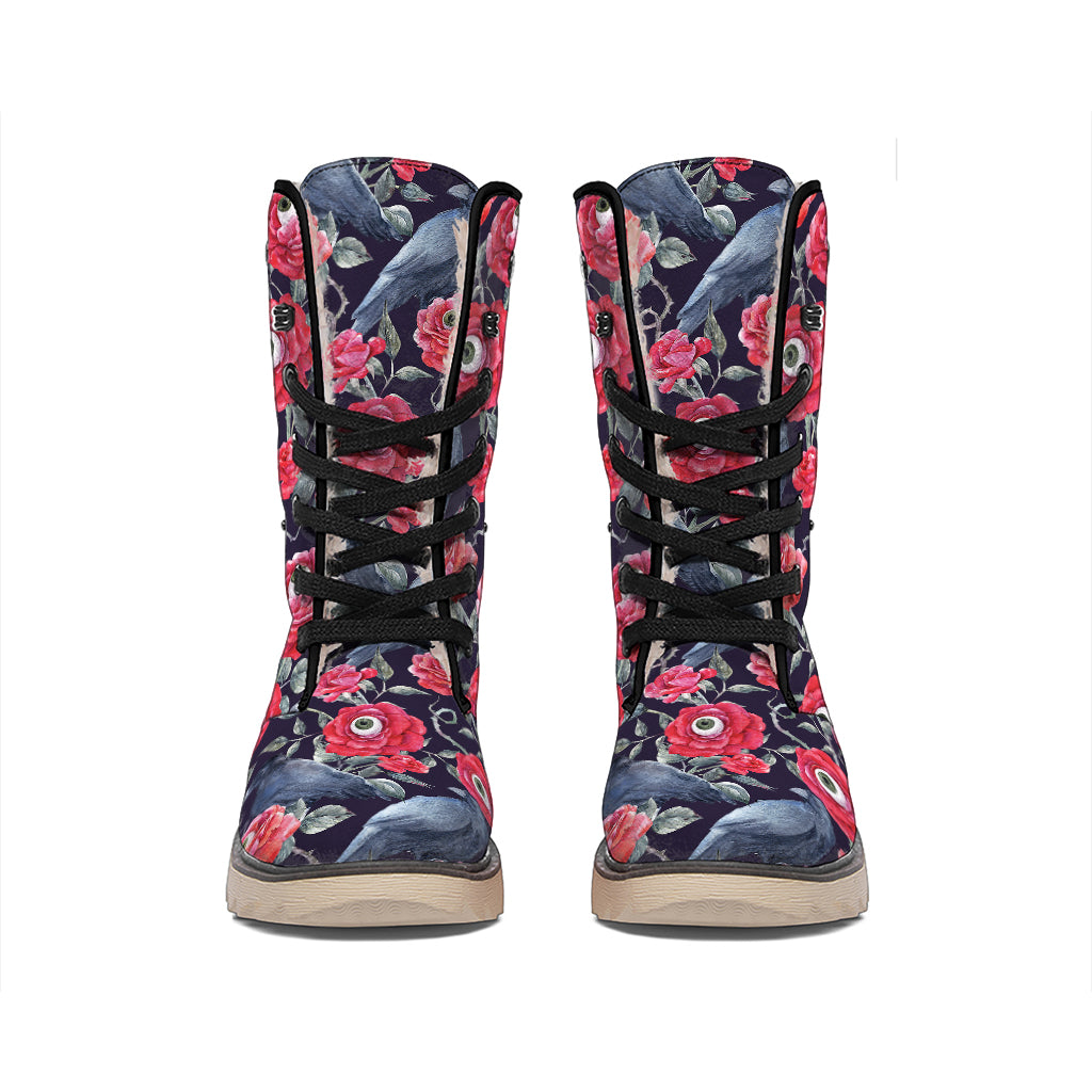 Eyeball Rose Pattern Print Winter Boots