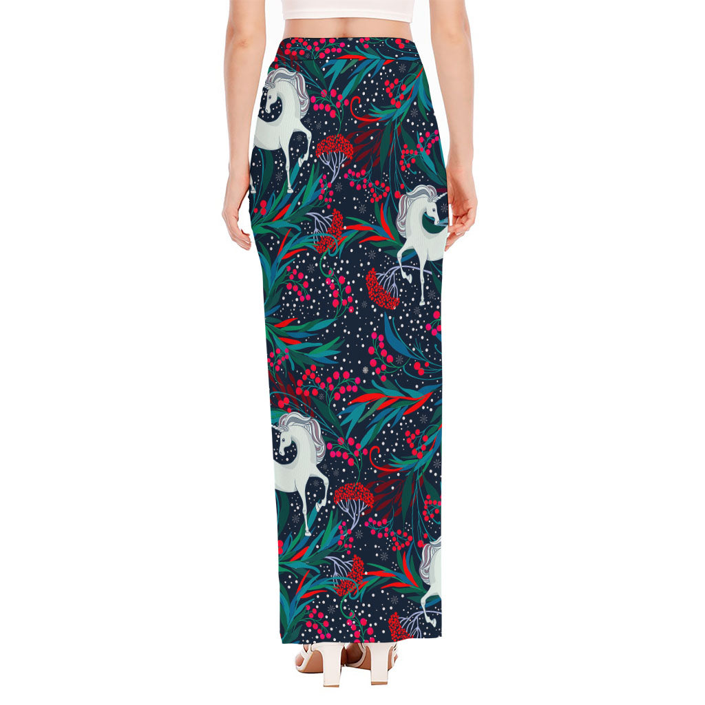 Fairy Floral Unicorn Pattern Print High Slit Maxi Skirt