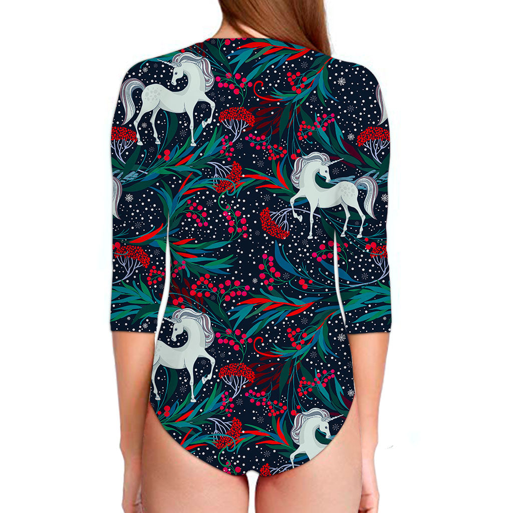 Fairy Floral Unicorn Pattern Print Long Sleeve Swimsuit