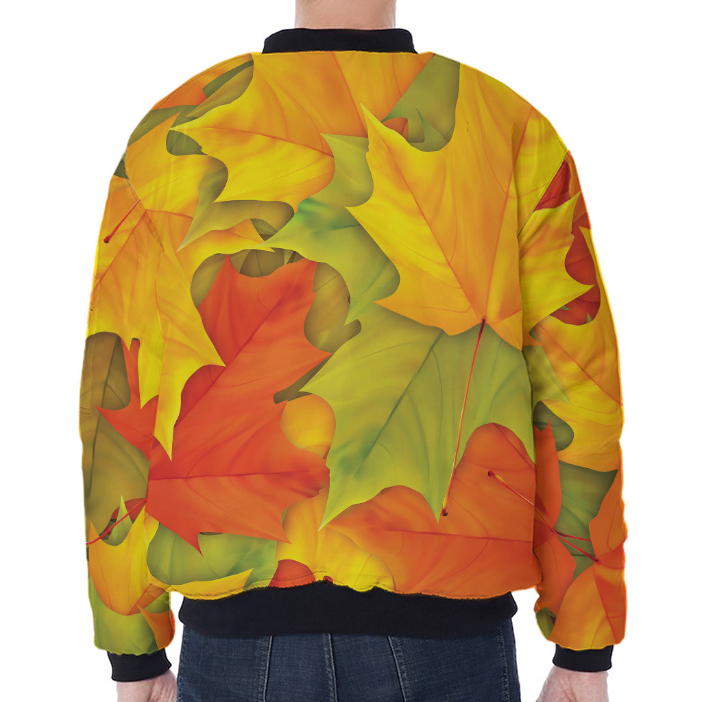 Fall Autumn Maple Leaves Print Zip Sleeve Bomber Jacket