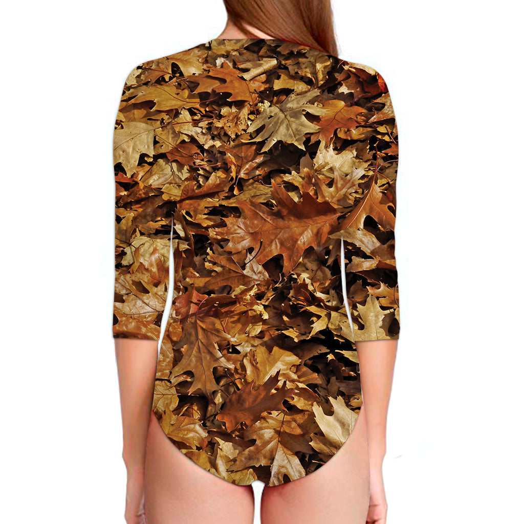 Fall Leaves Hunting Camouflage Print Long Sleeve Swimsuit