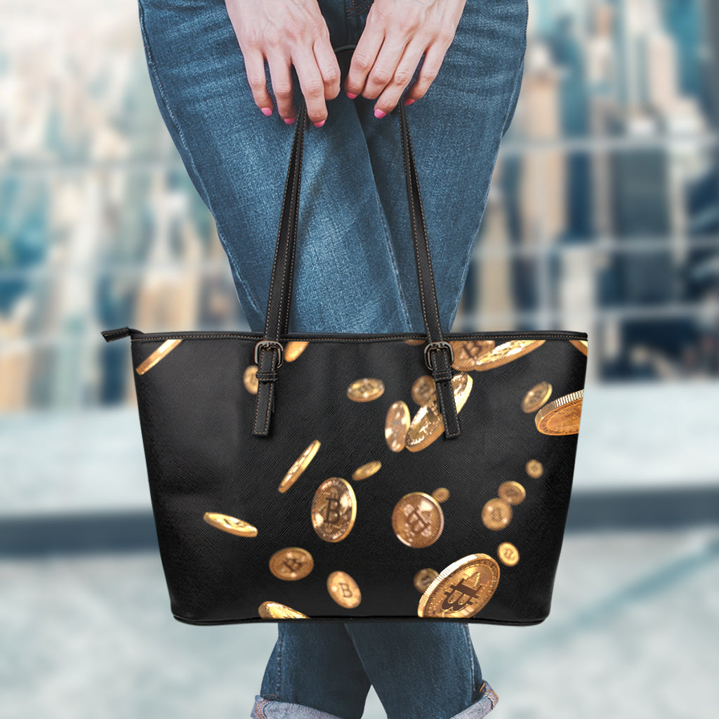 Falling Bitcoin Print Leather Tote Bag