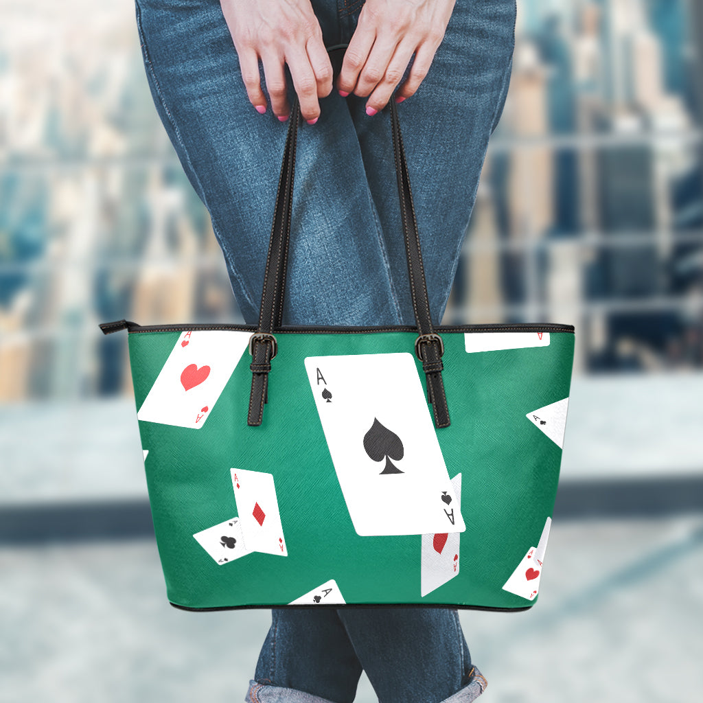 Falling Poker Cards Print Leather Tote Bag