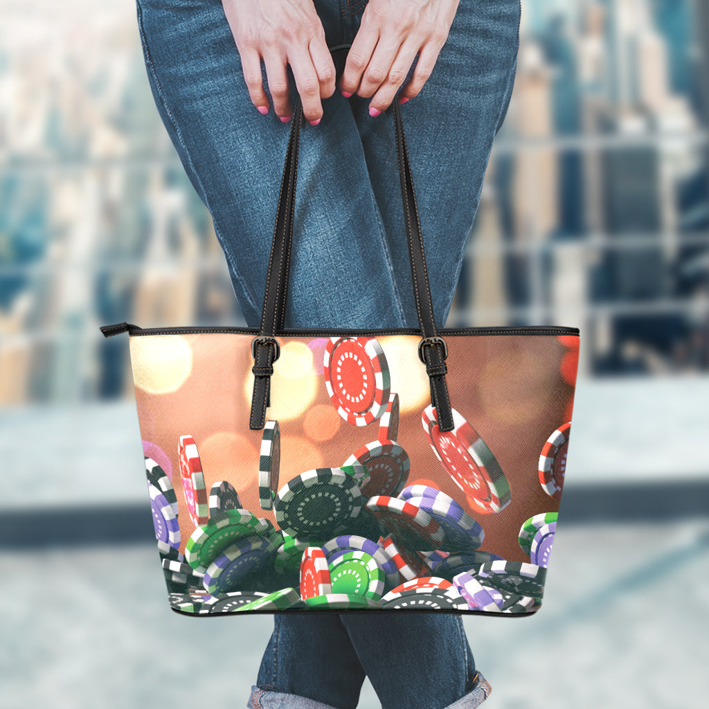 Falling Poker Chips Print Leather Tote Bag
