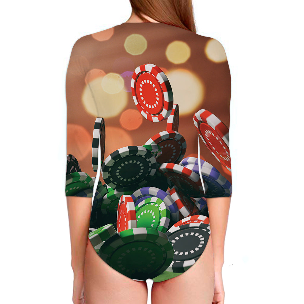 Falling Poker Chips Print Long Sleeve Swimsuit