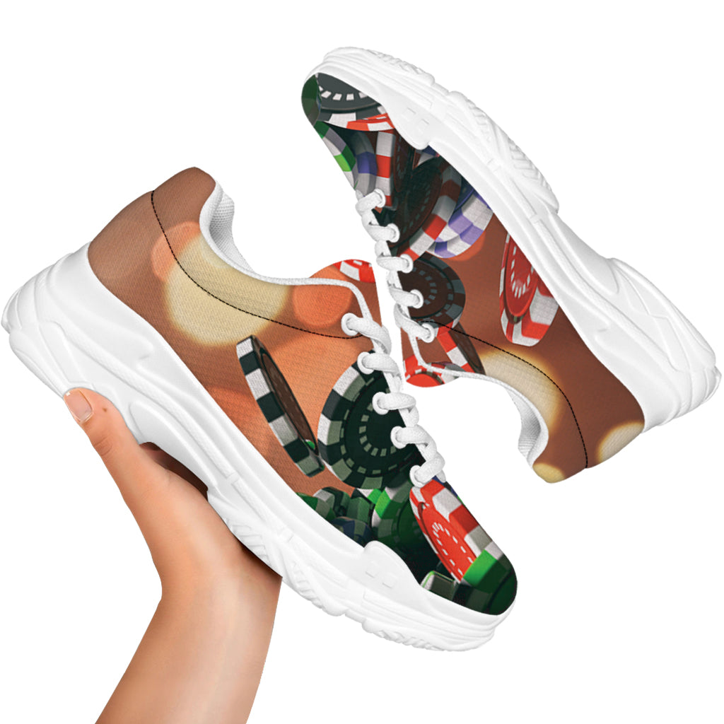 Falling Poker Chips Print White Chunky Shoes