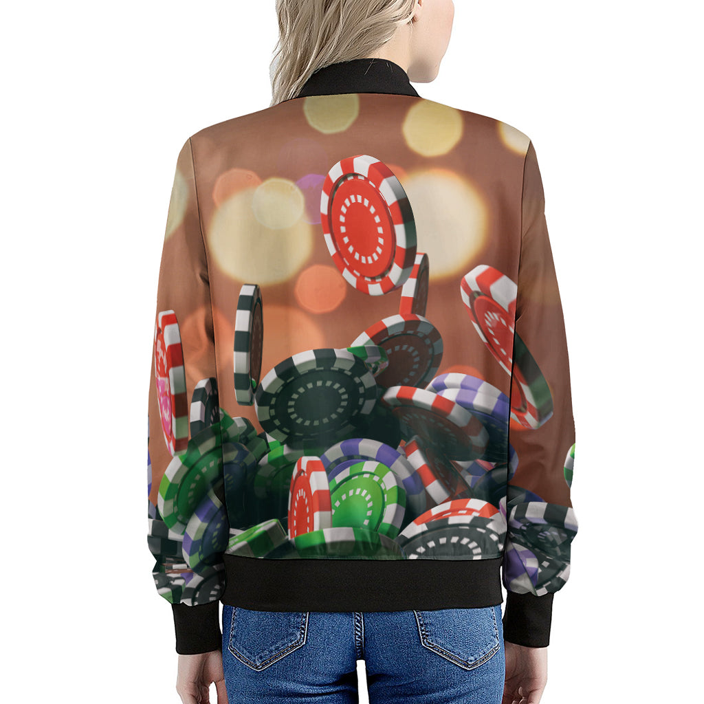 Falling Poker Chips Print Women's Bomber Jacket