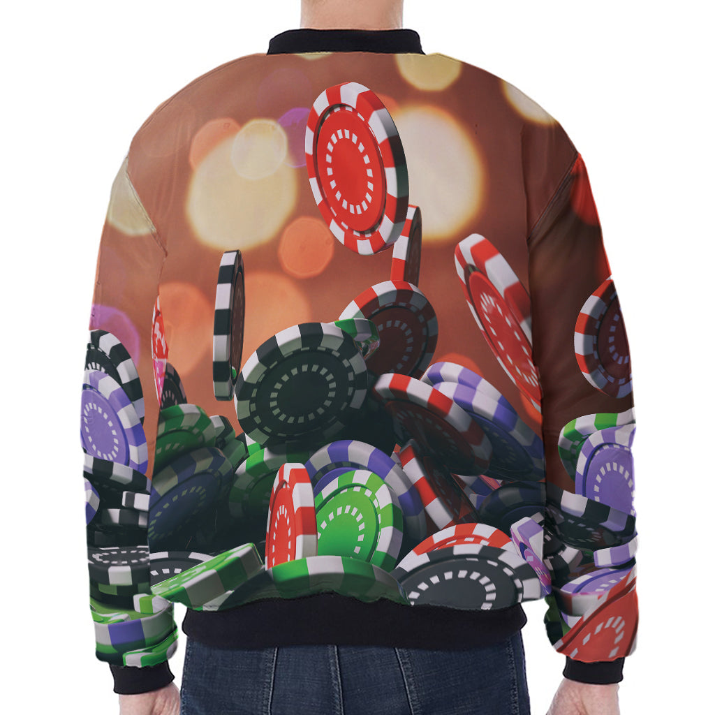 Falling Poker Chips Print Zip Sleeve Bomber Jacket