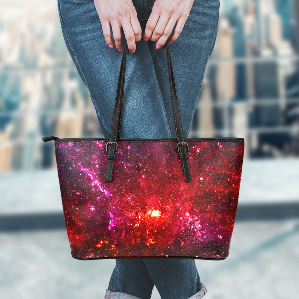 Fiery Nebula Universe Galaxy Space Print Leather Tote Bag