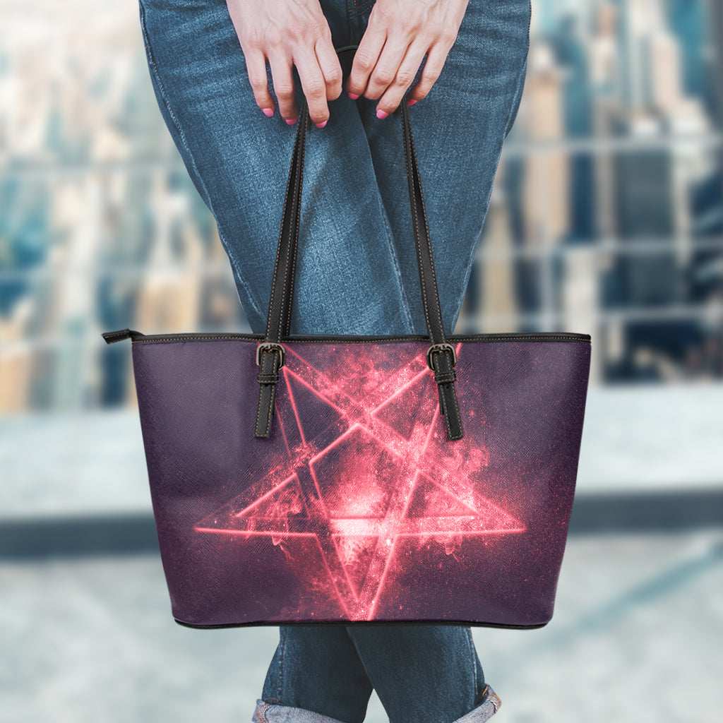 Fiery Reversed Pentagram Print Leather Tote Bag