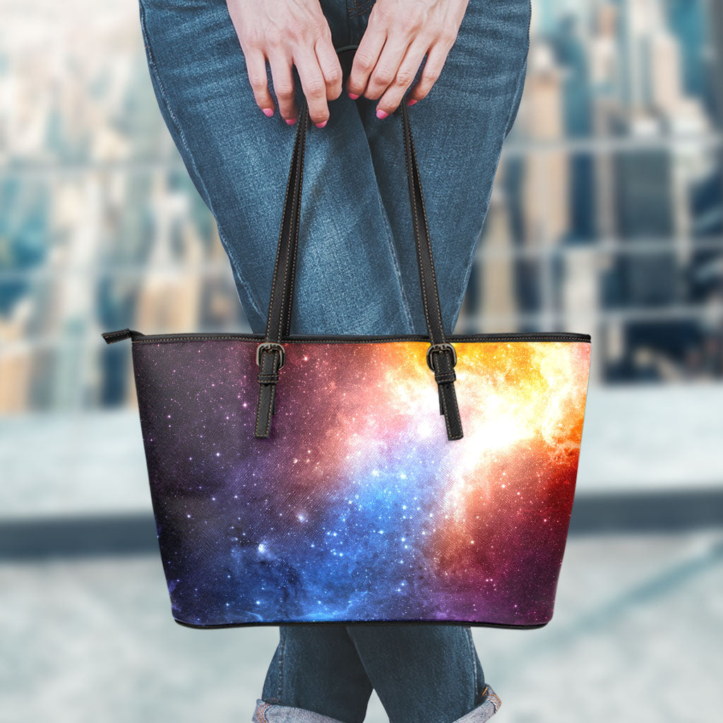 Fiery Universe Nebula Galaxy Space Print Leather Tote Bag