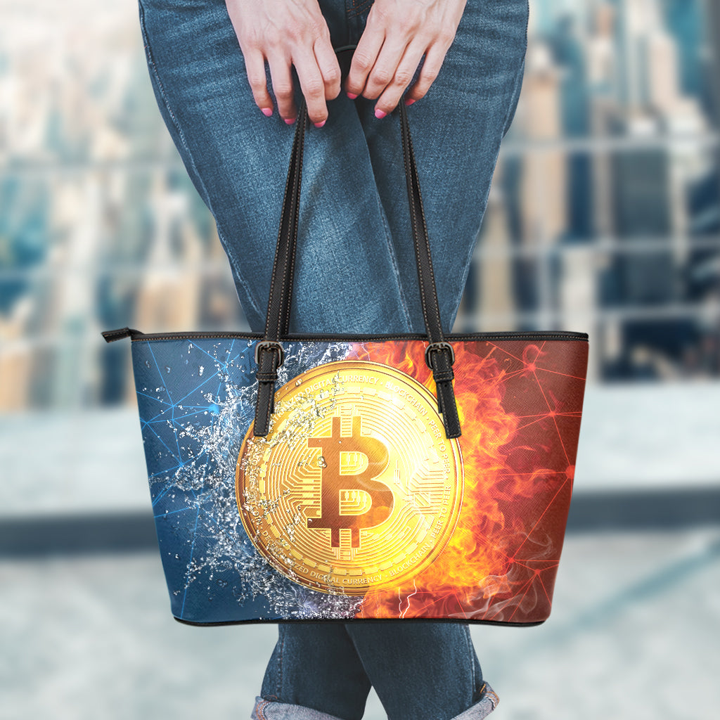Fire And Water Bitcoin Print Leather Tote Bag