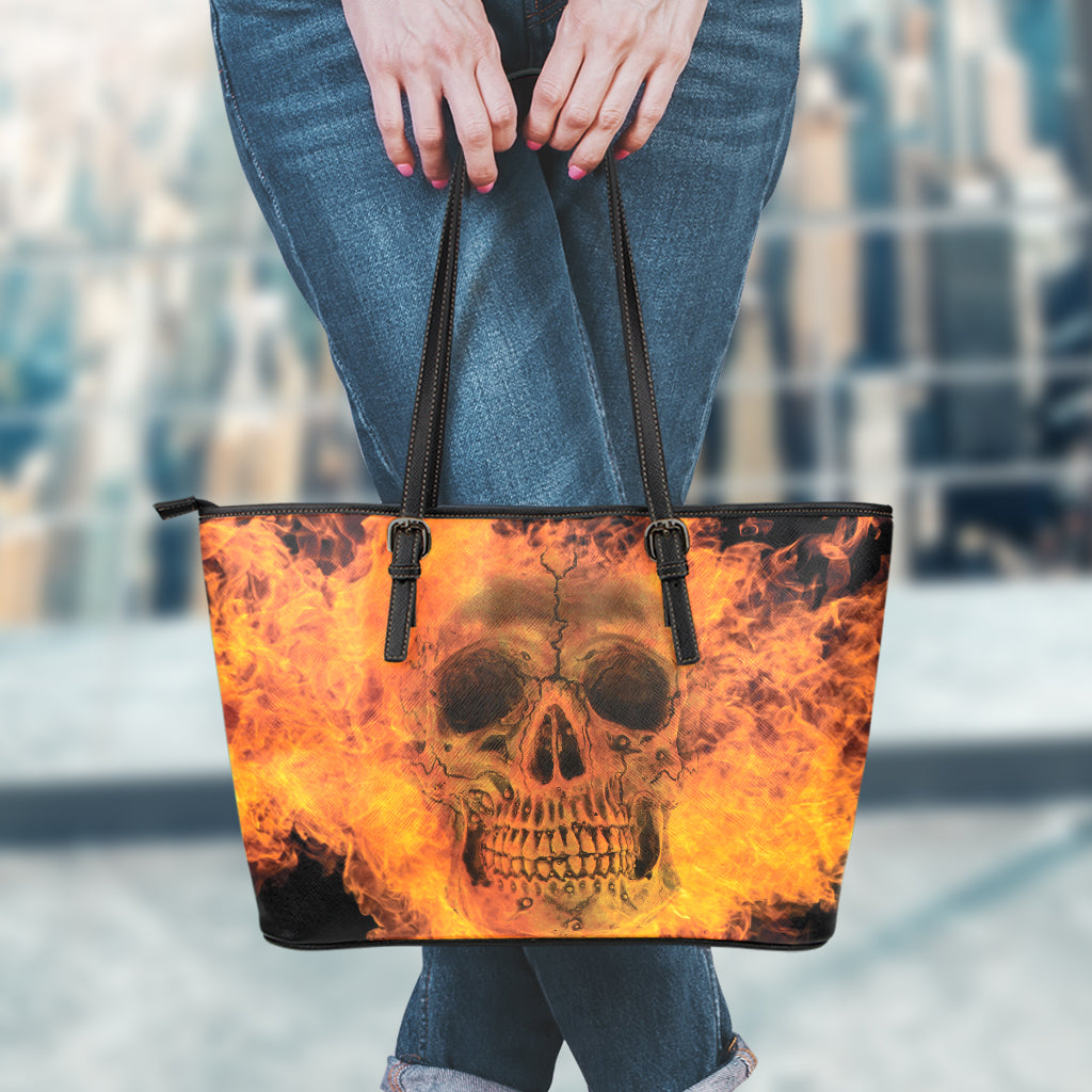Fire Skull Print Leather Tote Bag