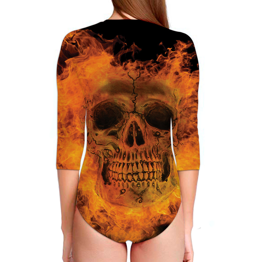 Fire Skull Print Long Sleeve Swimsuit