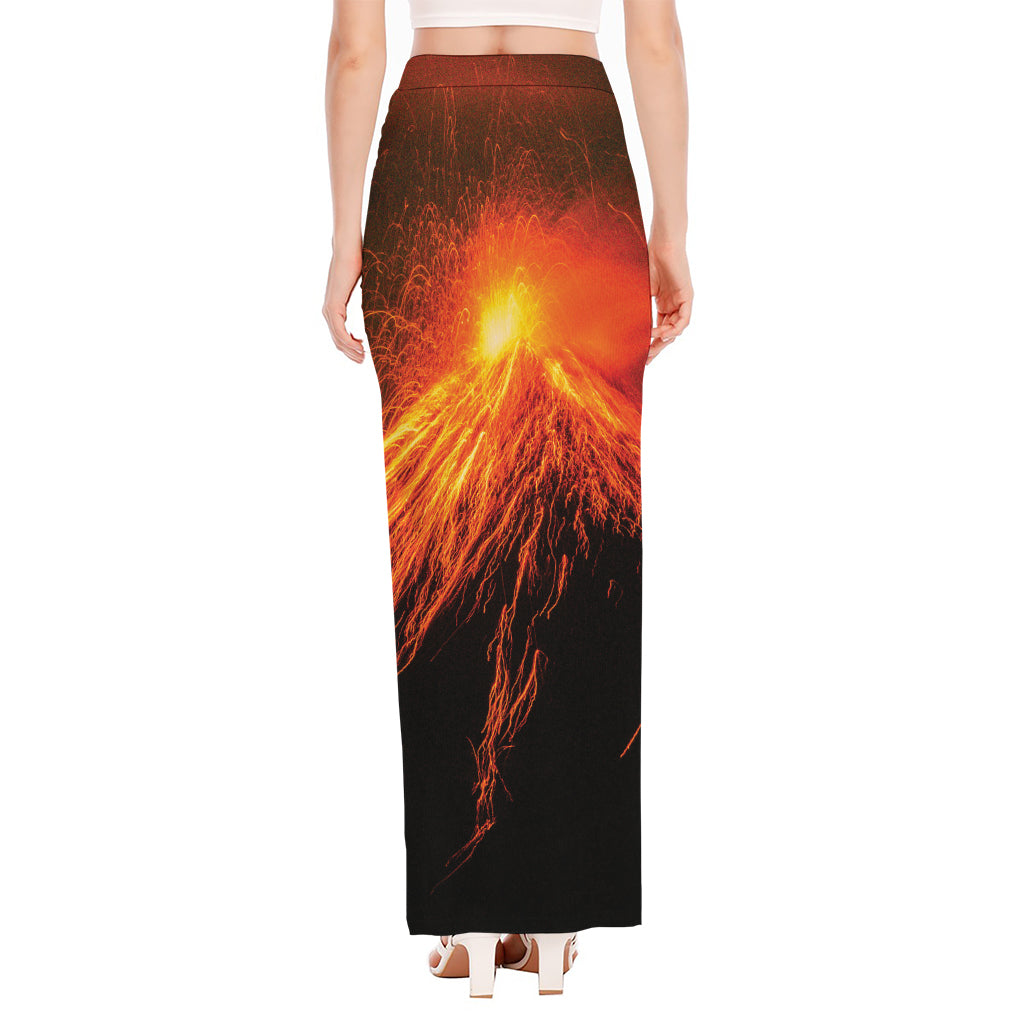 Fire Volcano Print High Slit Maxi Skirt
