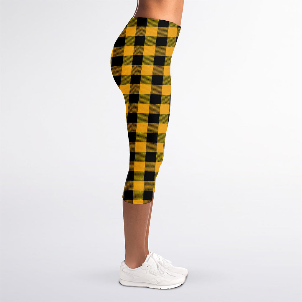 Fire Yellow Buffalo Check Pattern Print Women's Capri Leggings