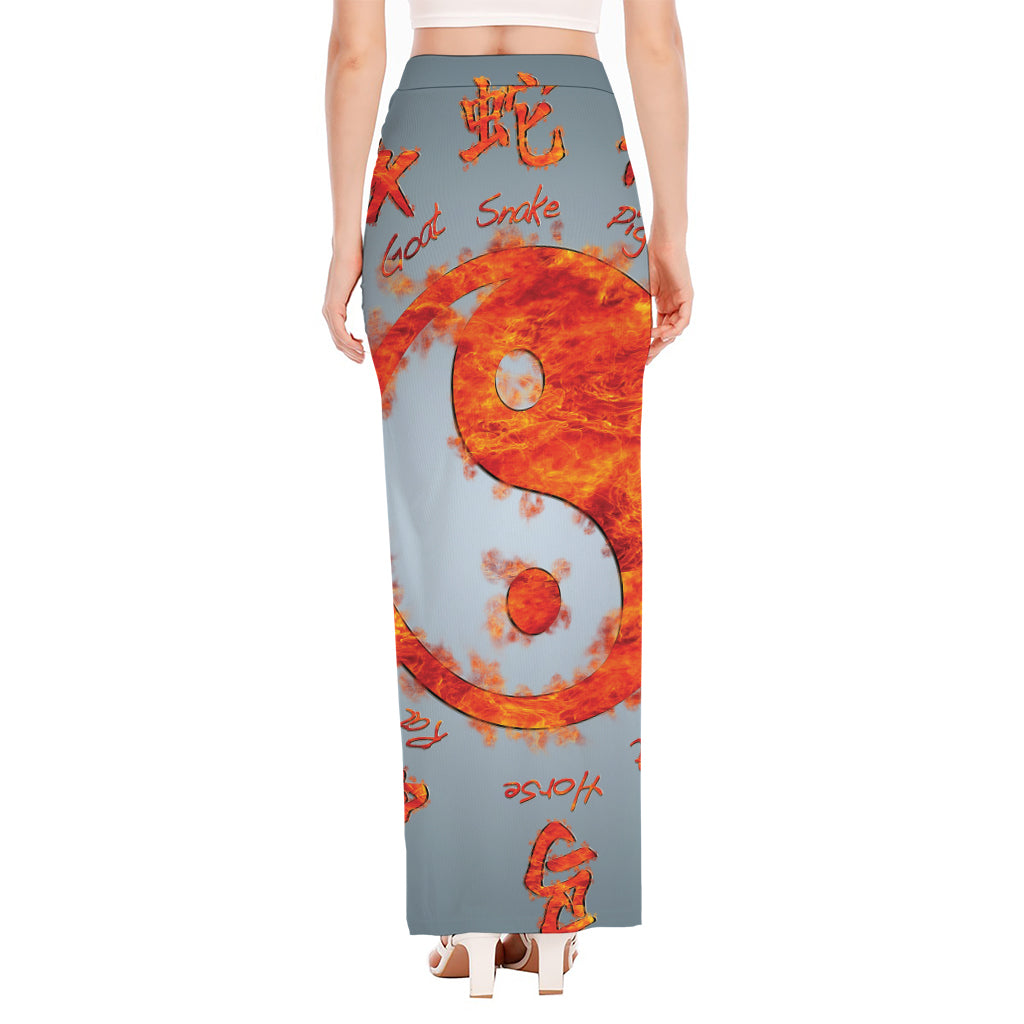 Fire Yin Yang Chinese Zodiac Print High Slit Maxi Skirt