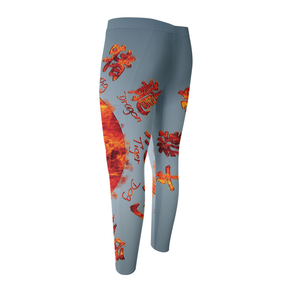 Fire Yin Yang Chinese Zodiac Print Men's Compression Pants