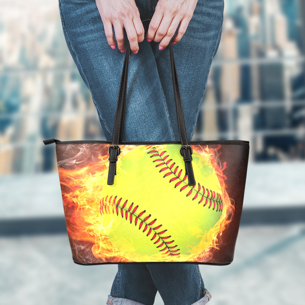 Fireball Softball Print Leather Tote Bag