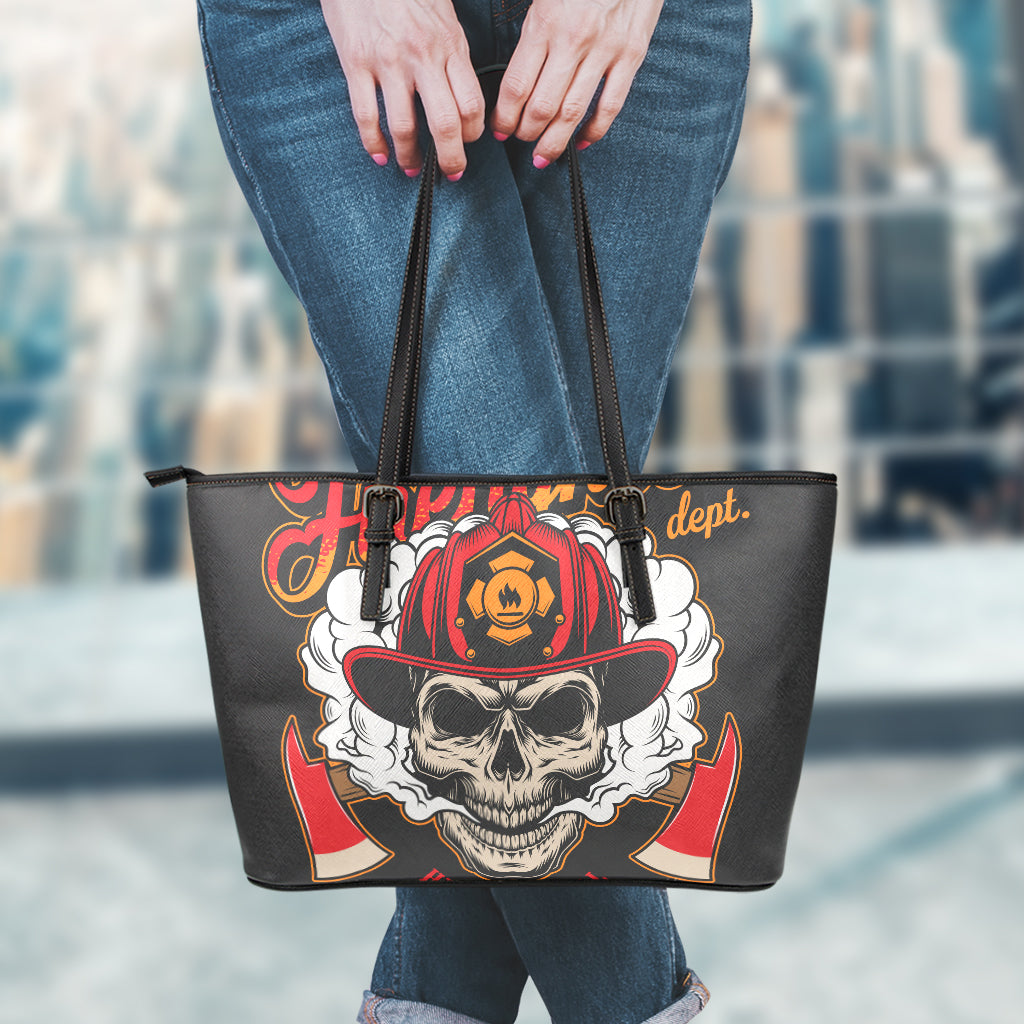 Firefighter Department Skull Print Leather Tote Bag