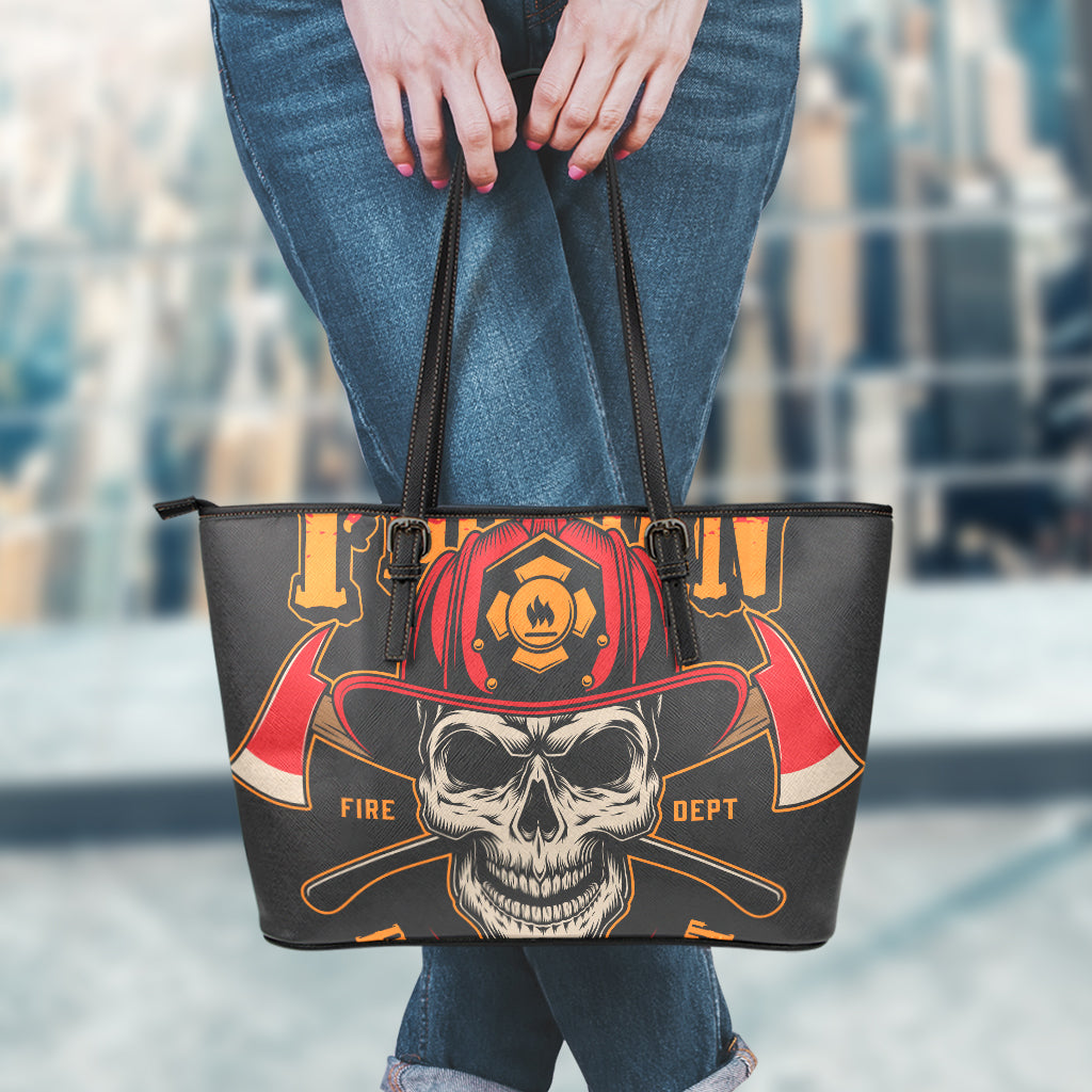 Firefighter First In Last Out Print Leather Tote Bag