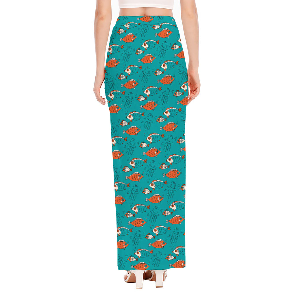 Fish And Jellyfish Pattern Print High Slit Maxi Skirt