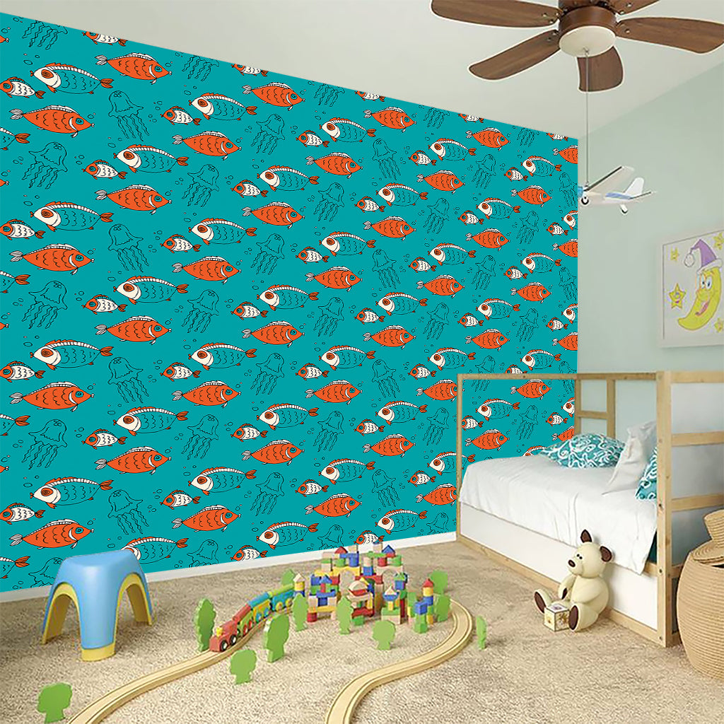 Fish And Jellyfish Pattern Print Wall Sticker