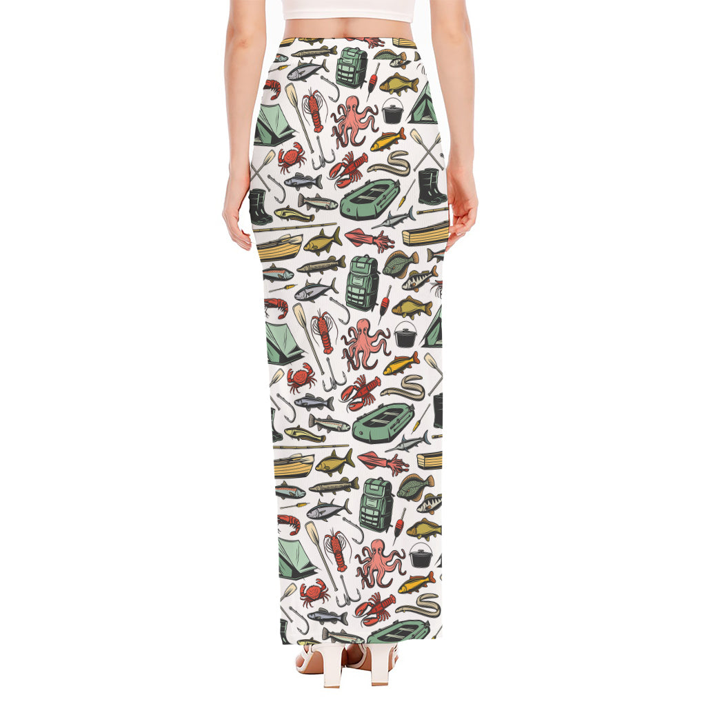 Fishing Equipment Pattern Print High Slit Maxi Skirt