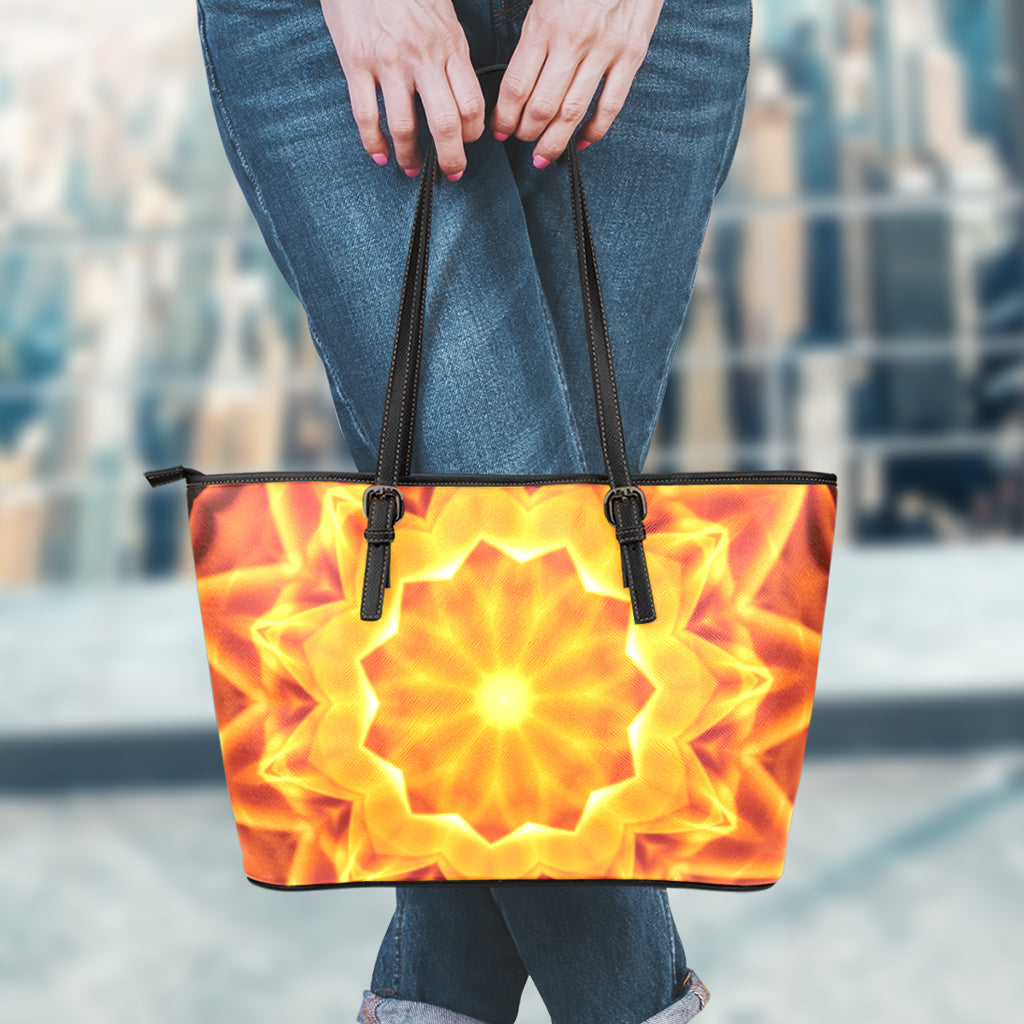 Flame Kaleidoscope Print Leather Tote Bag