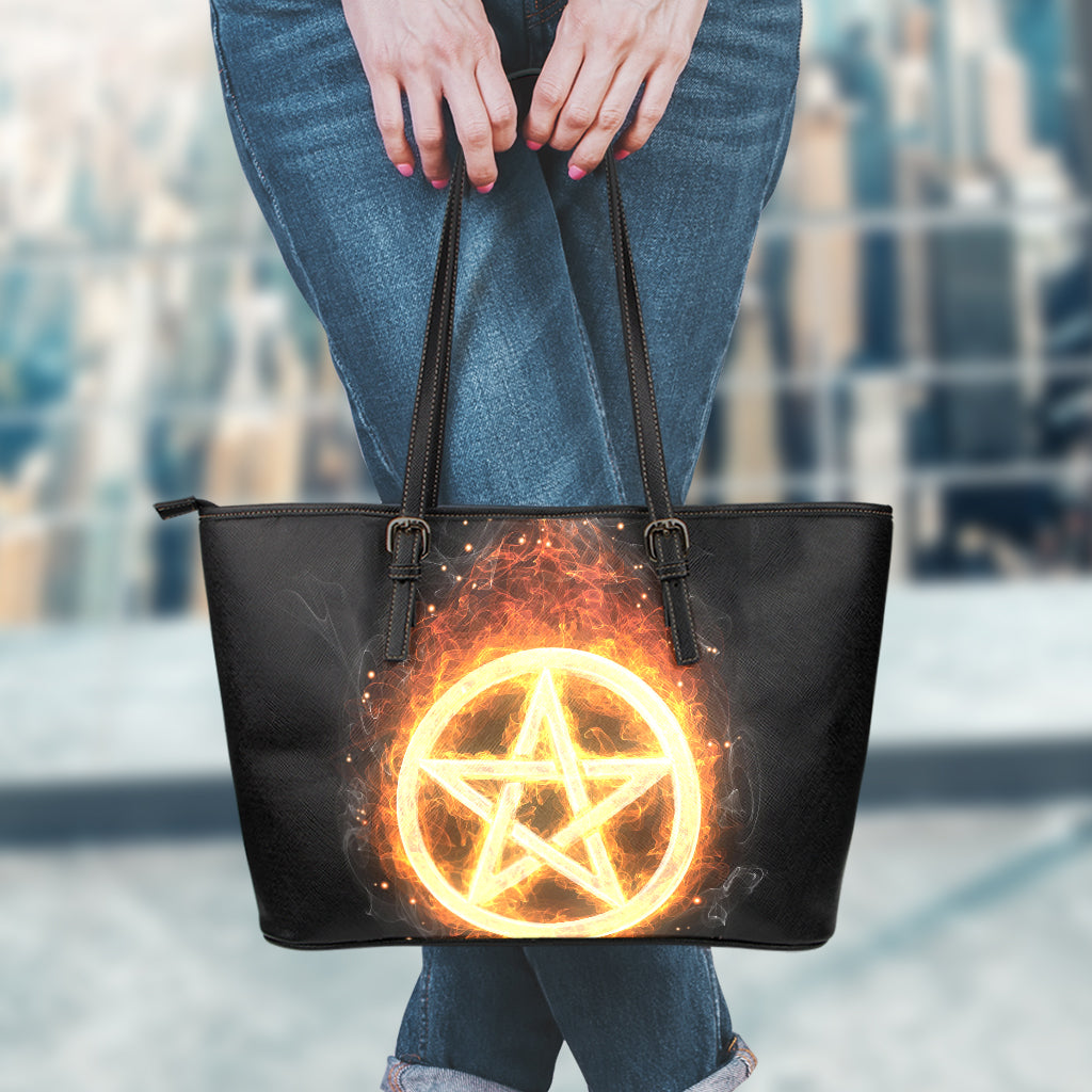 Flame Pentagram Print Leather Tote Bag
