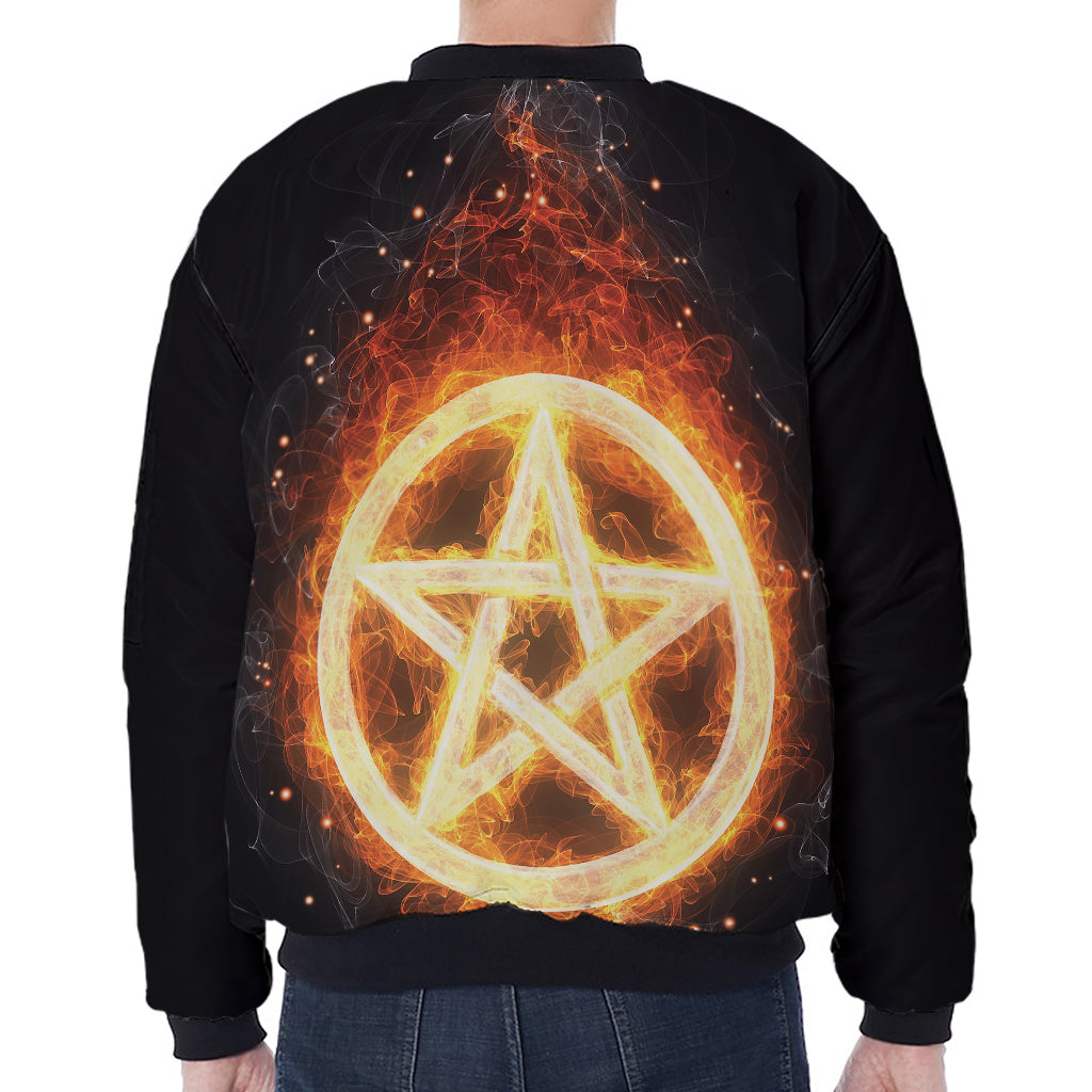 Flame Pentagram Print Zip Sleeve Bomber Jacket