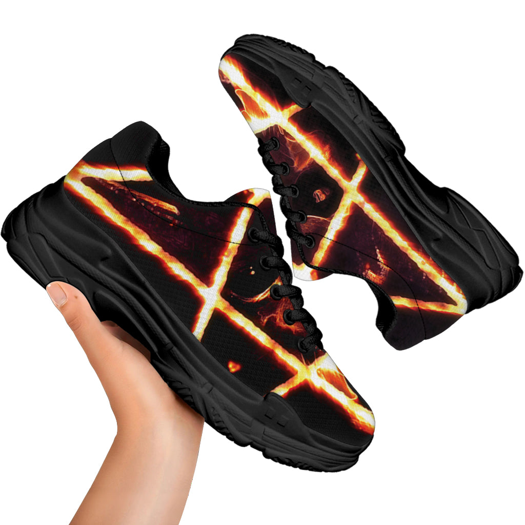 Flame Satanic Pentagram Print Black Chunky Shoes