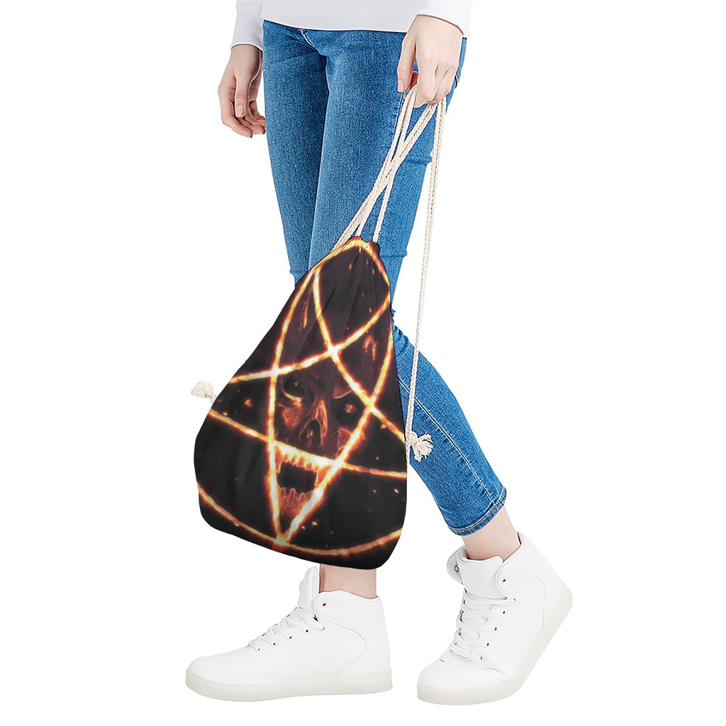 Flame Satanic Pentagram Print Drawstring Bag