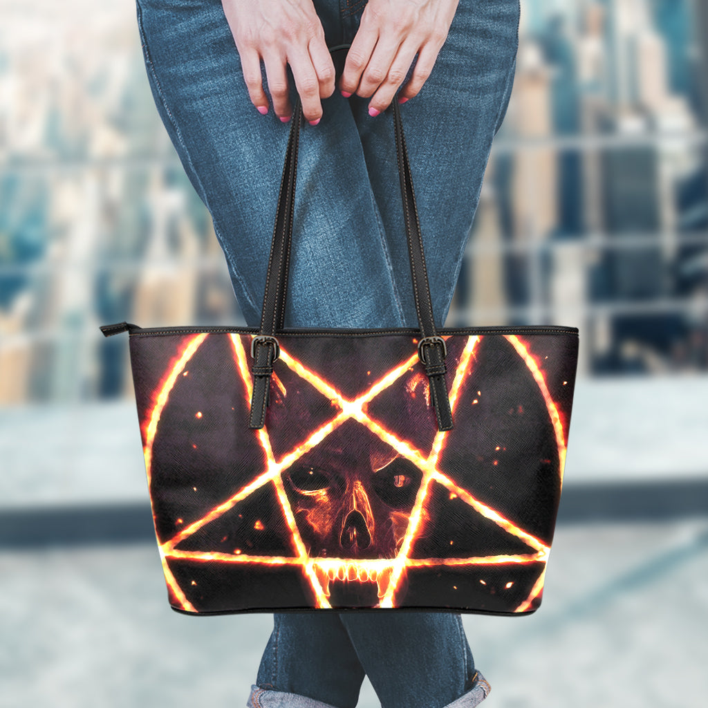 Flame Satanic Pentagram Print Leather Tote Bag