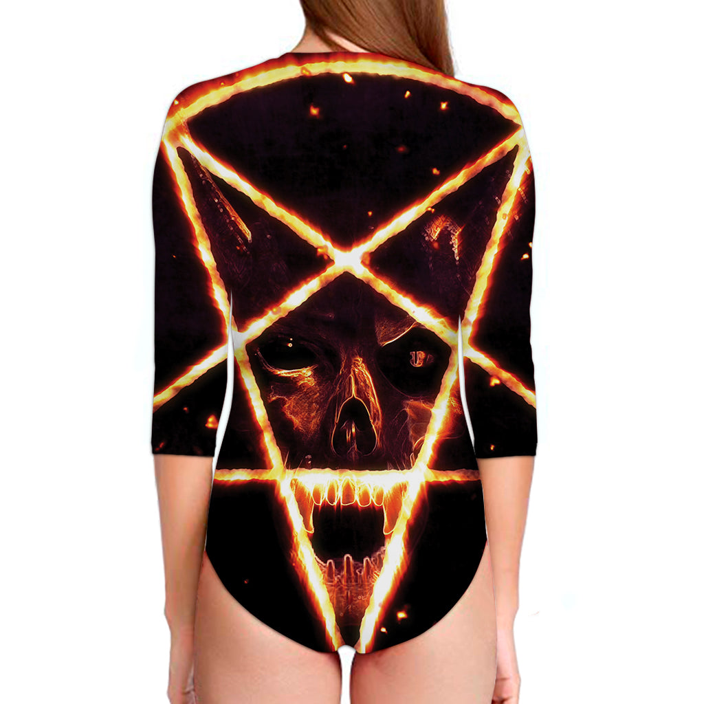 Flame Satanic Pentagram Print Long Sleeve Swimsuit