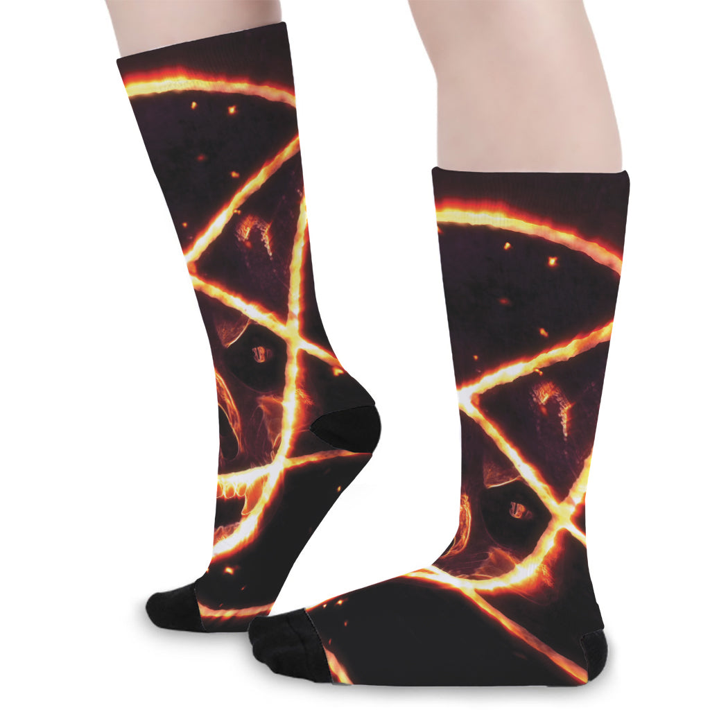Flame Satanic Pentagram Print Long Socks