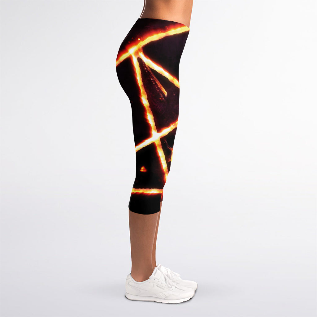 Flame Satanic Pentagram Print Women's Capri Leggings