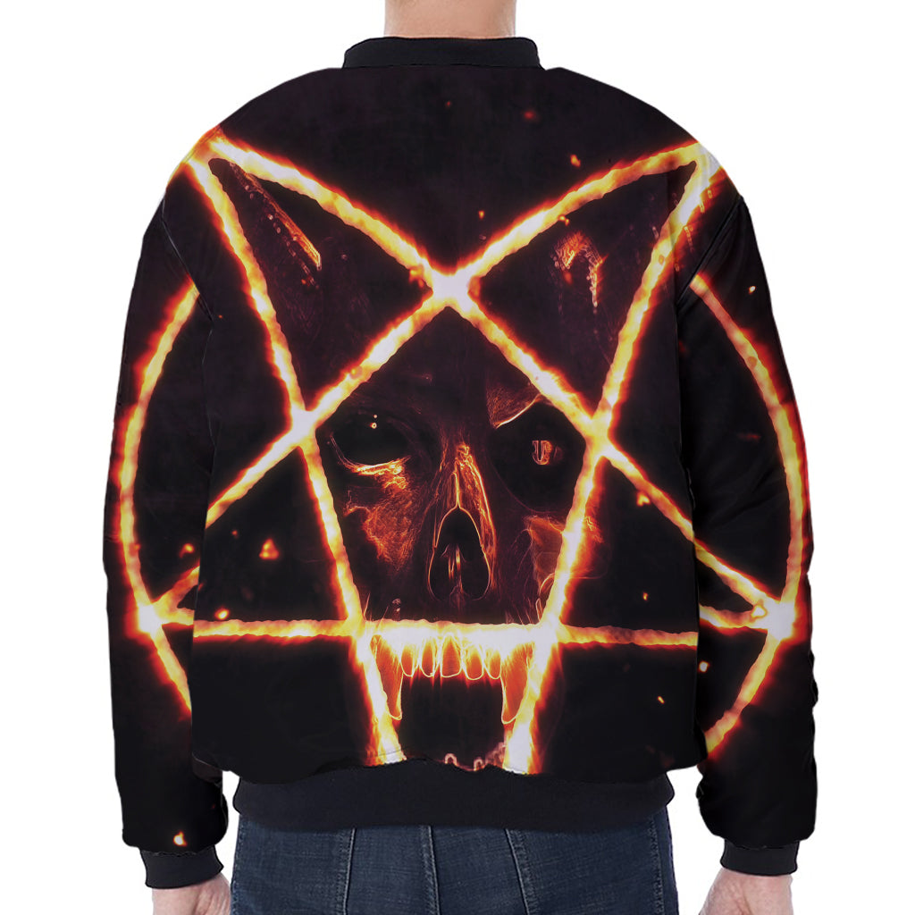 Flame Satanic Pentagram Print Zip Sleeve Bomber Jacket