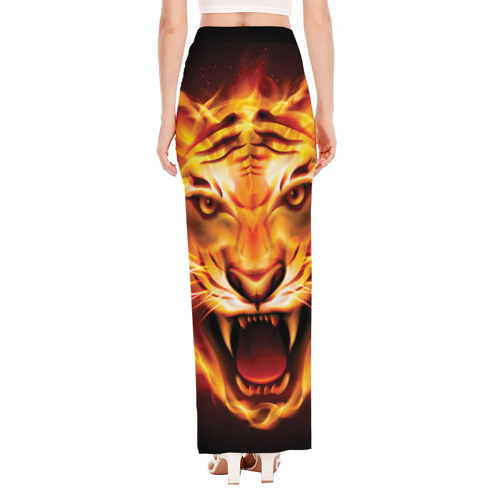 Flame Tiger Print High Slit Maxi Skirt