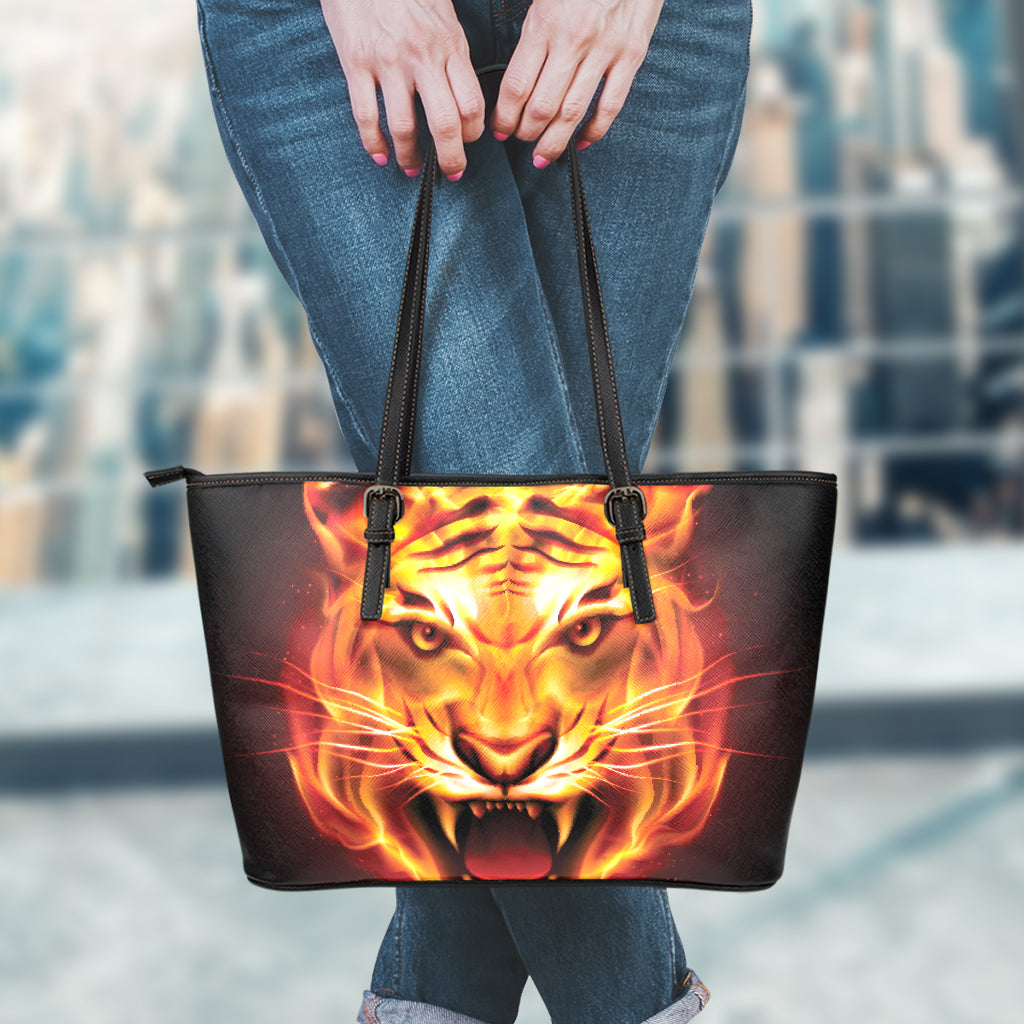 Flame Tiger Print Leather Tote Bag