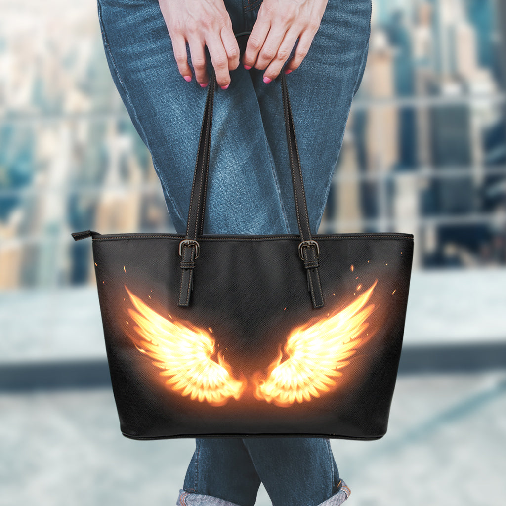Flame Wings Print Leather Tote Bag