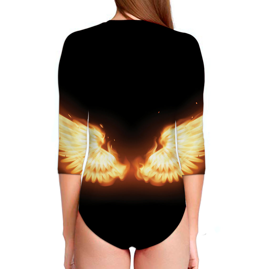 Flame Wings Print Long Sleeve Swimsuit