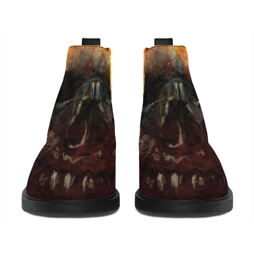 Flaming Demon Skull Print Flat Ankle Boots