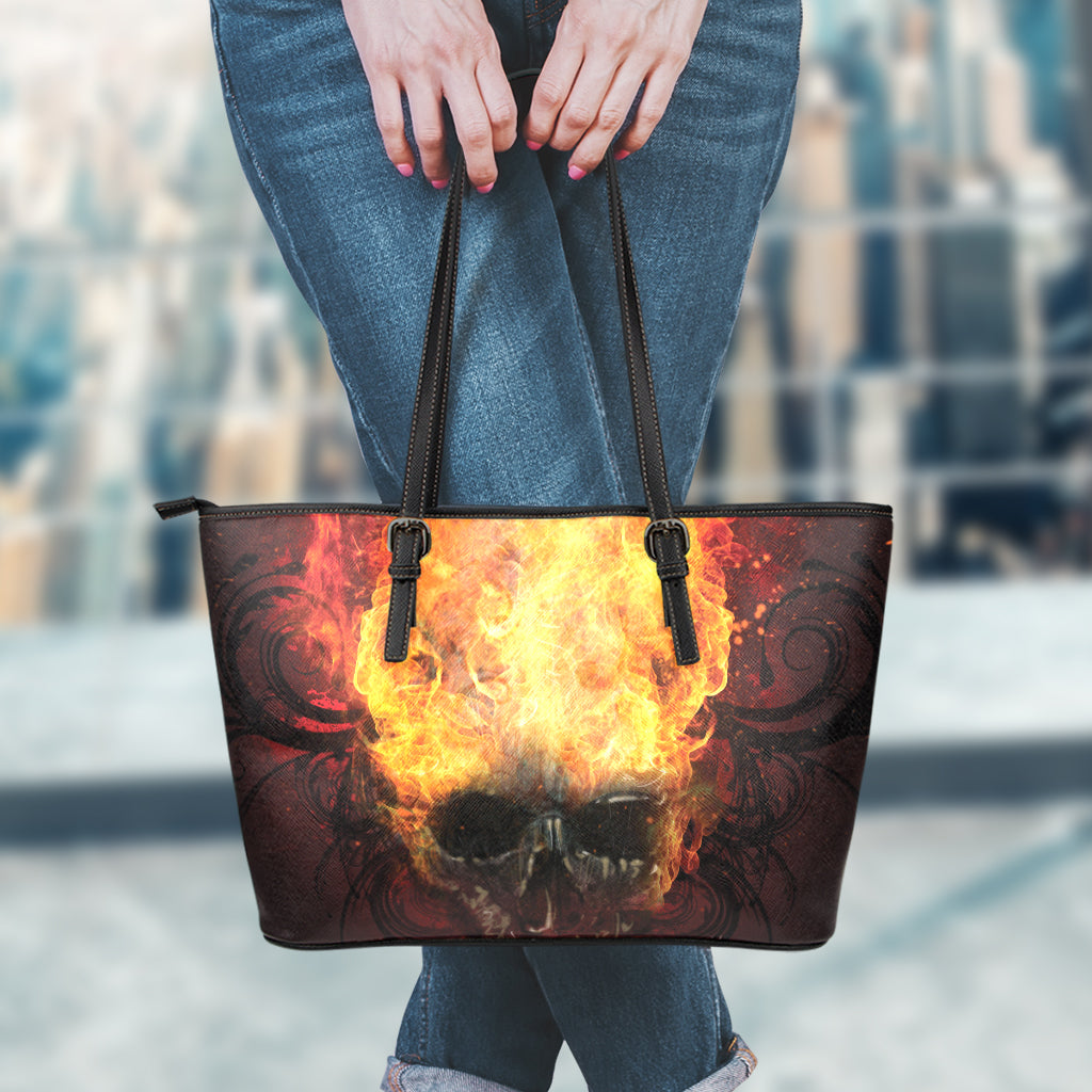 Flaming Demon Skull Print Leather Tote Bag