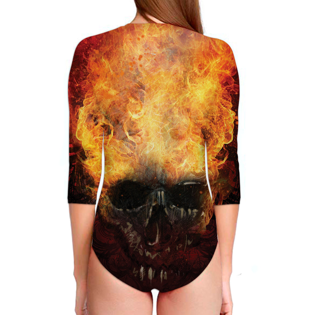 Flaming Demon Skull Print Long Sleeve Swimsuit