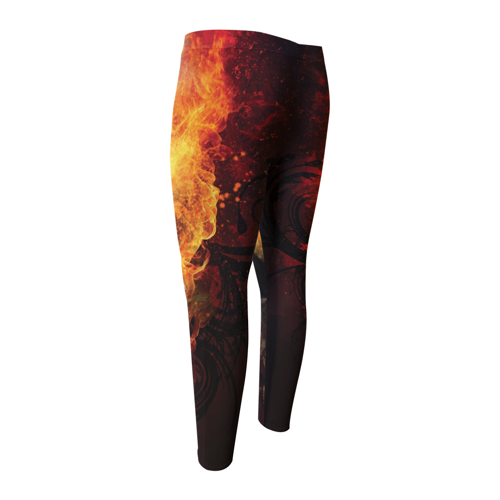 Flaming Demon Skull Print Men's Compression Pants