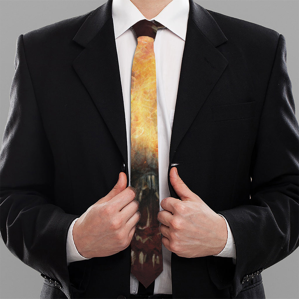 Flaming Demon Skull Print Necktie