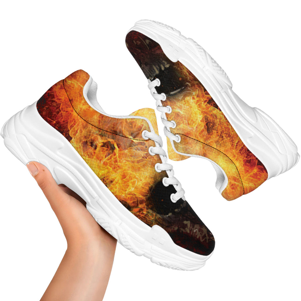 Flaming Demon Skull Print White Chunky Shoes