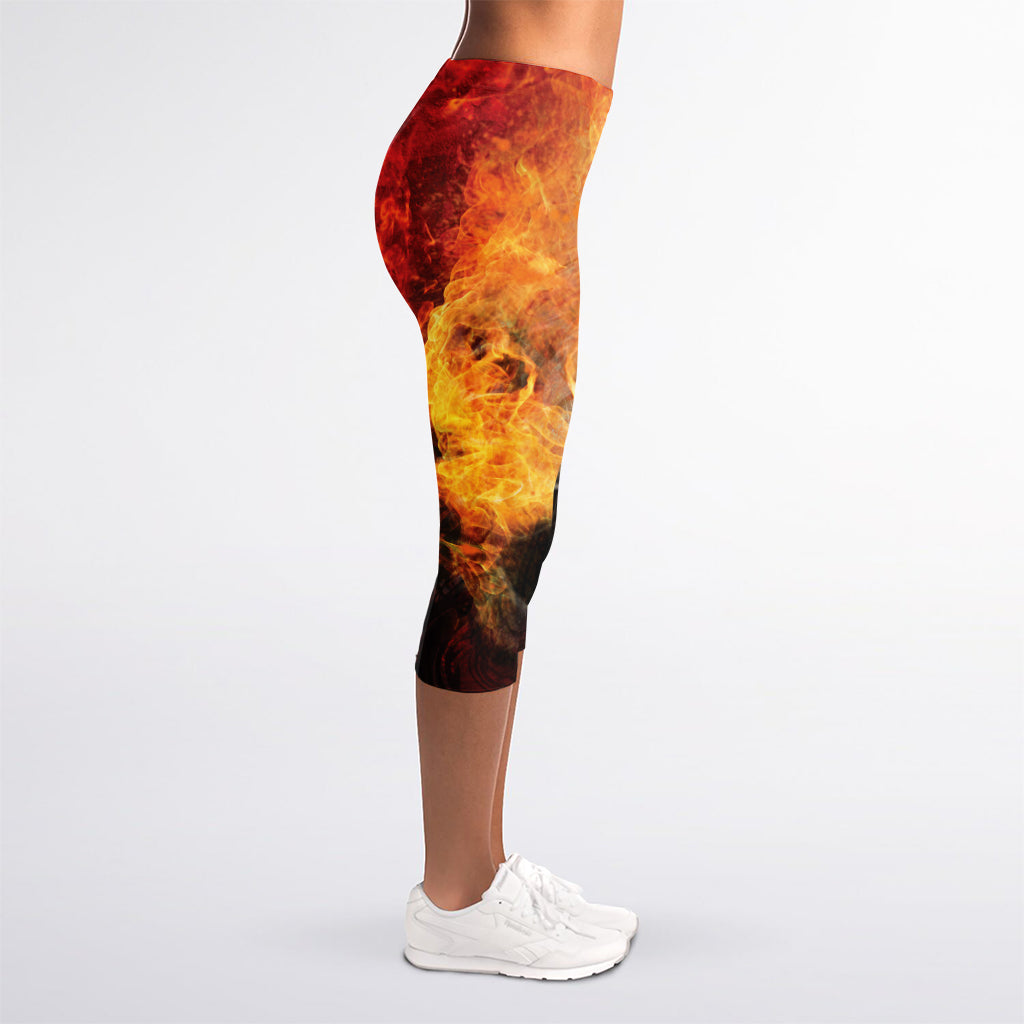 Flaming Demon Skull Print Women's Capri Leggings